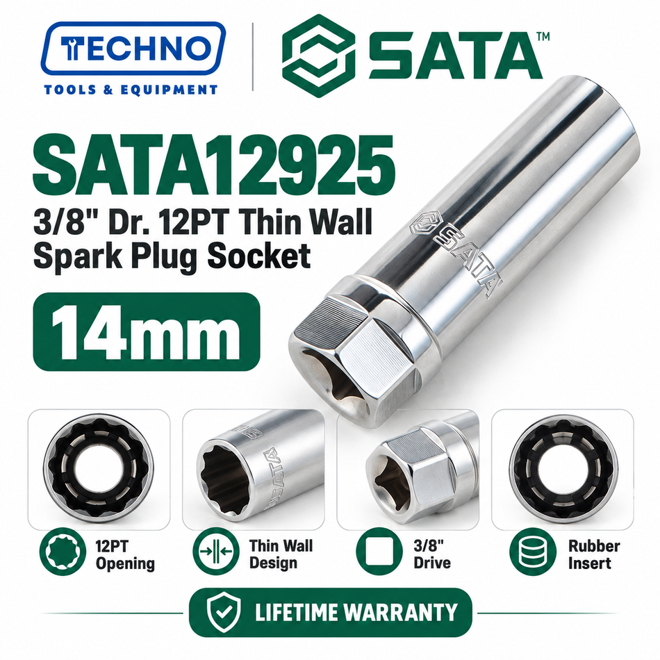 SATA12925 3/8" drive 12-point thin wall spark plug socket, 14mm. Rubber insert, Cr-V steel, lifetime warranty.