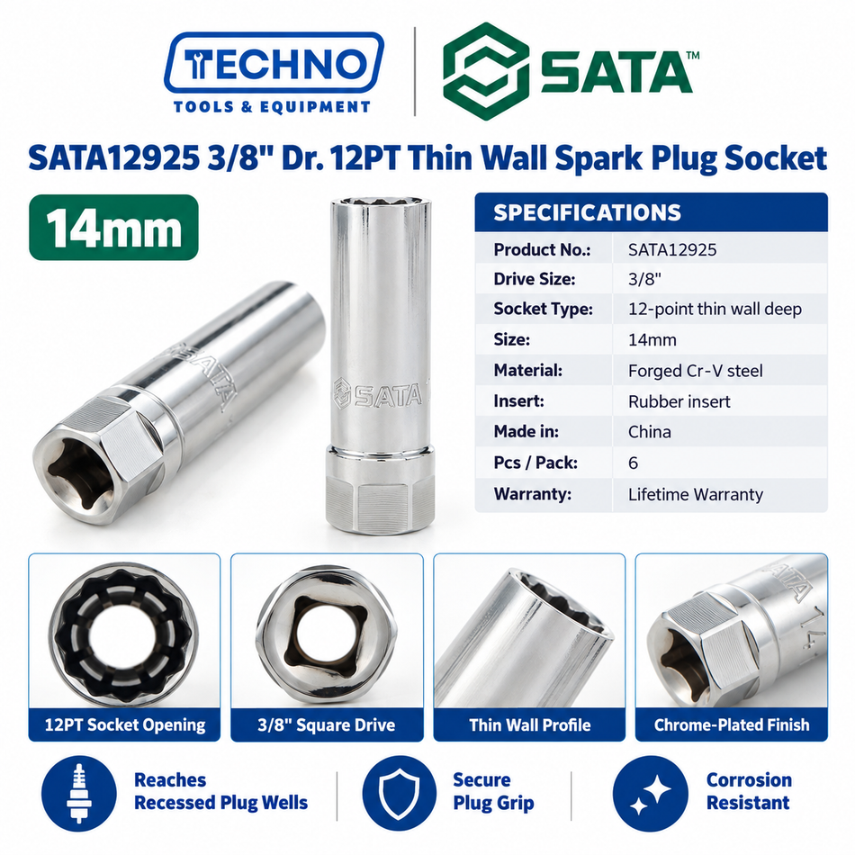 SATA12925 3/8" drive 12-point thin wall spark plug socket, 14mm. Rubber insert, Cr-V steel, lifetime warranty.
