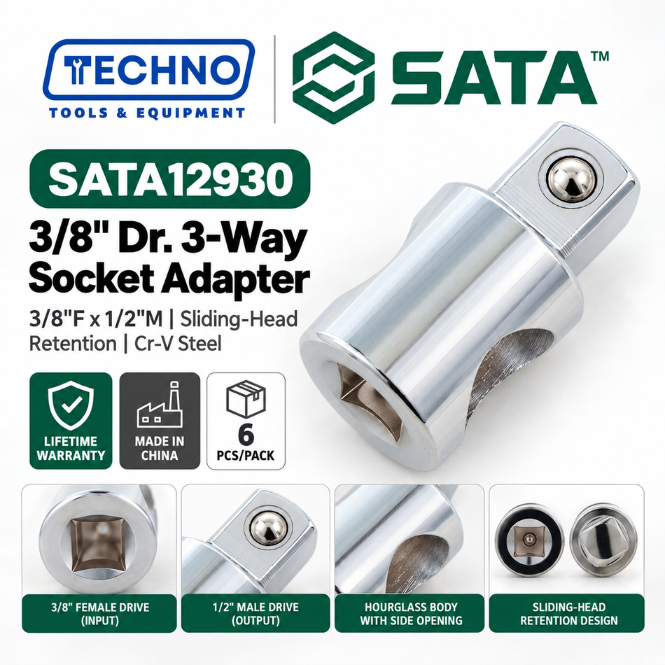 SATA12930 3/8" drive to 1/2" socket adapter with sliding-head retention. Chrome vanadium, lifetime warranty.