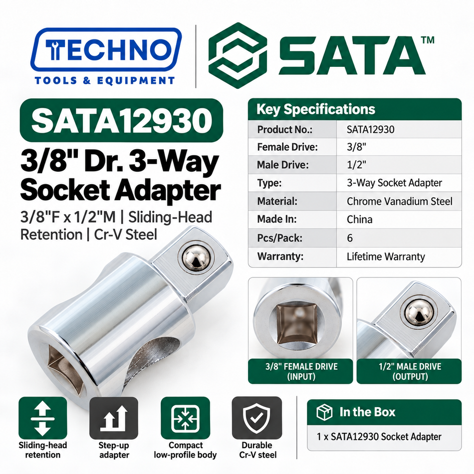 SATA12930 3/8" drive to 1/2" socket adapter with sliding-head retention. Chrome vanadium, lifetime warranty.