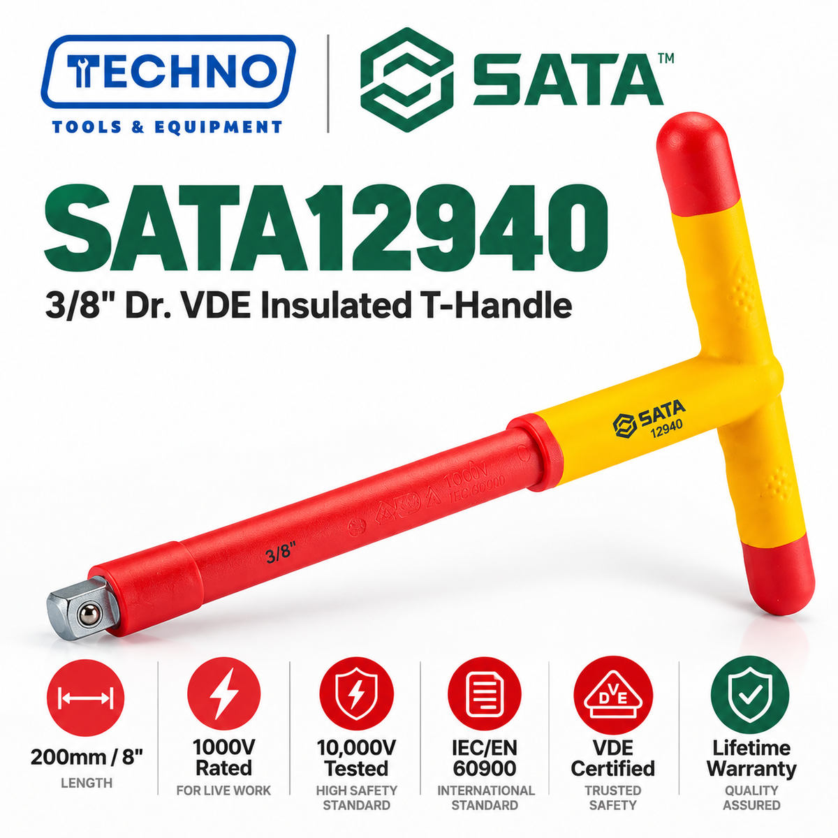 SATA12940 3/8" drive VDE insulated T-handle, 200mm. Tested to 10,000V, IEC/EN 60900, 1000V rated. Lifetime warranty.