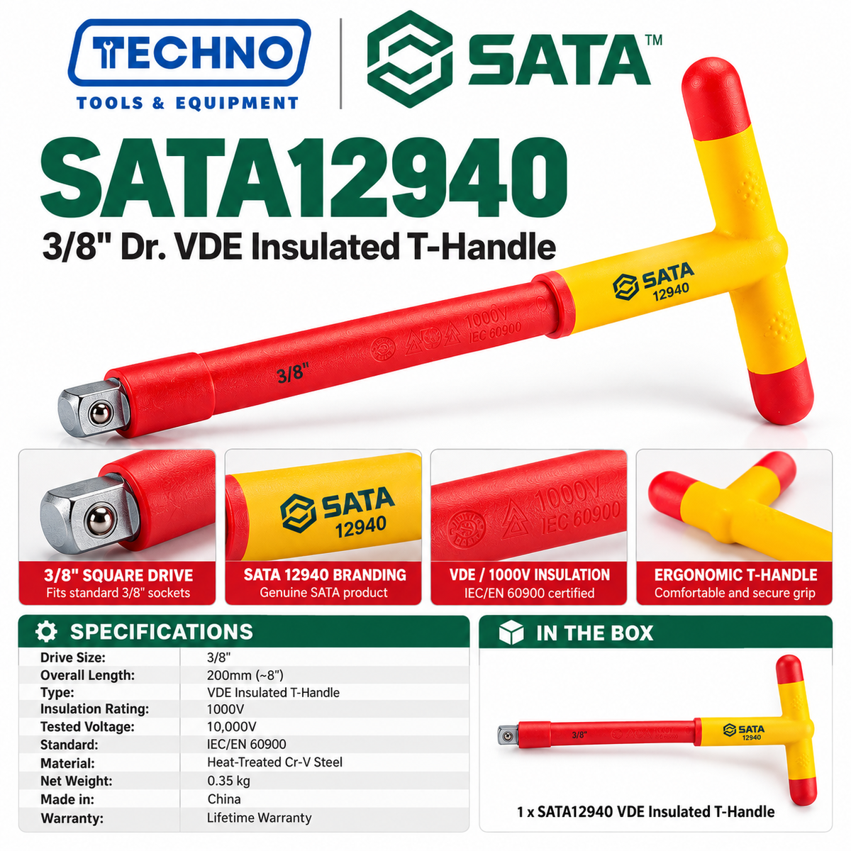 SATA12940 3/8" drive VDE insulated T-handle, 200mm. Tested to 10,000V, IEC/EN 60900, 1000V rated. Lifetime warranty.