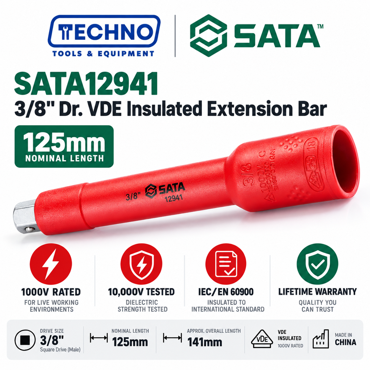 Shop SATA 3/8" Dr. VDE insulated extension bars, 125mm & 250mm. Tested to 10,000V, IEC/EN 60900, 1000V rated. Lifetime warranty.