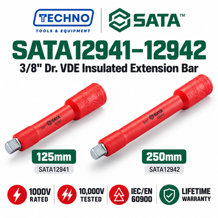 Shop SATA 3/8" Dr. VDE insulated extension bars, 125mm & 250mm. Tested to 10,000V, IEC/EN 60900, 1000V rated. Lifetime warranty.