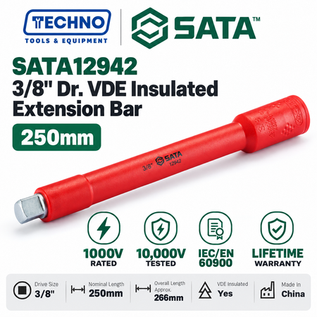 Shop SATA 3/8" Dr. VDE insulated extension bars, 125mm & 250mm. Tested to 10,000V, IEC/EN 60900, 1000V rated. Lifetime warranty.