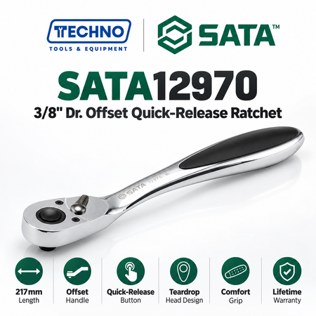 SATA12970 3/8" drive offset quick-release ratchet. Teardrop head, crank handle protects fingers. Lifetime warranty.