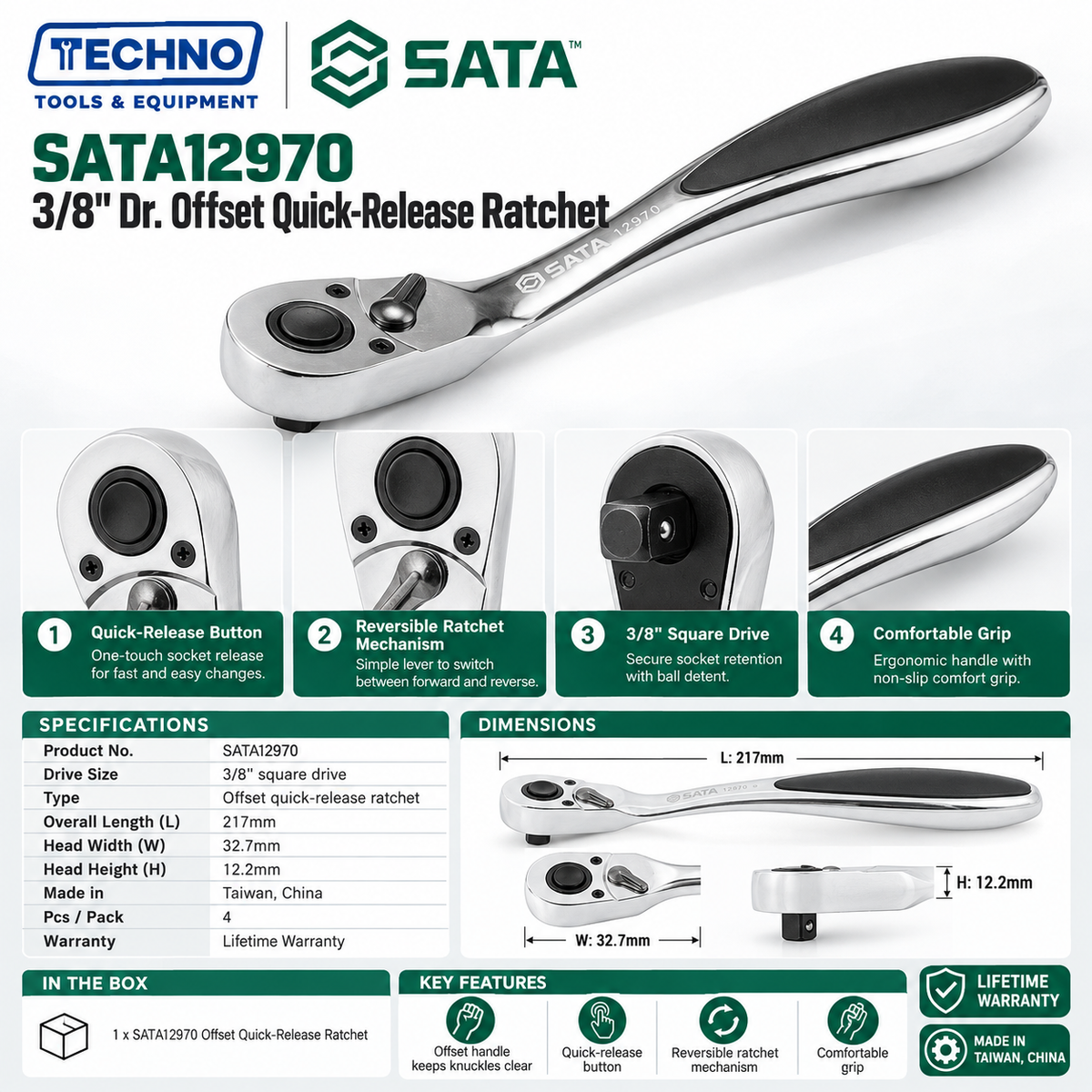 SATA12970 3/8" drive offset quick-release ratchet. Teardrop head, crank handle protects fingers. Lifetime warranty.