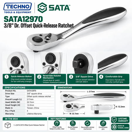 SATA12970 3/8" drive offset quick-release ratchet. Teardrop head, crank handle protects fingers. Lifetime warranty.