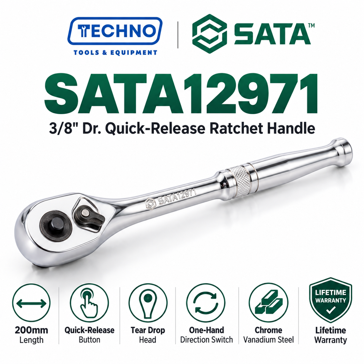 Shop the SATA12971 3/8" drive quick-release ratchet handle, 200mm. Chrome vanadium steel, tear drop head, one-hand direction switch. Lifetime warranty.