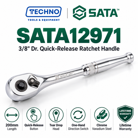 Shop the SATA12971 3/8" drive quick-release ratchet handle, 200mm. Chrome vanadium steel, tear drop head, one-hand direction switch. Lifetime warranty.