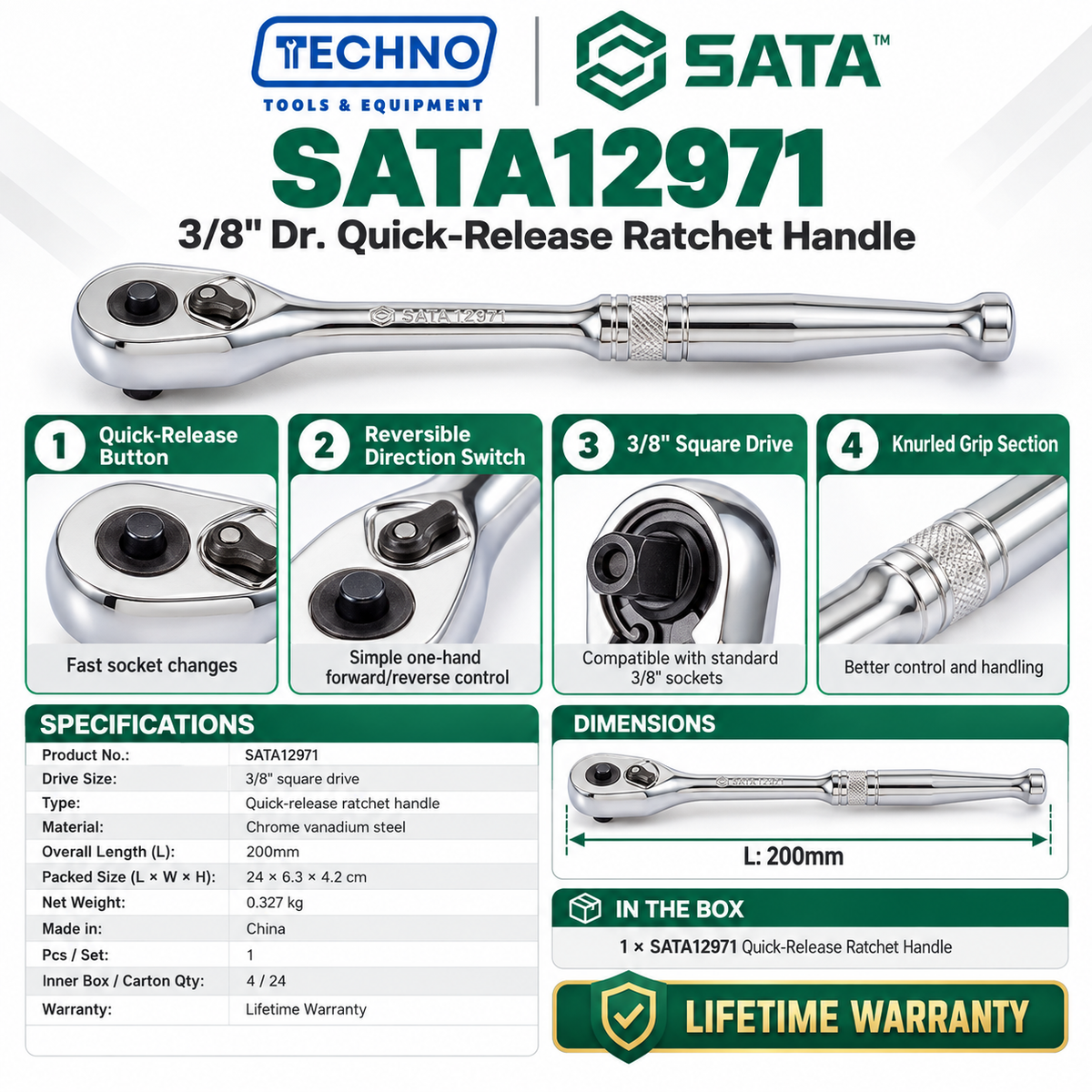 Shop the SATA12971 3/8" drive quick-release ratchet handle, 200mm. Chrome vanadium steel, tear drop head, one-hand direction switch. Lifetime warranty.
