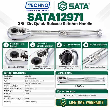 Shop the SATA12971 3/8" drive quick-release ratchet handle, 200mm. Chrome vanadium steel, tear drop head, one-hand direction switch. Lifetime warranty.