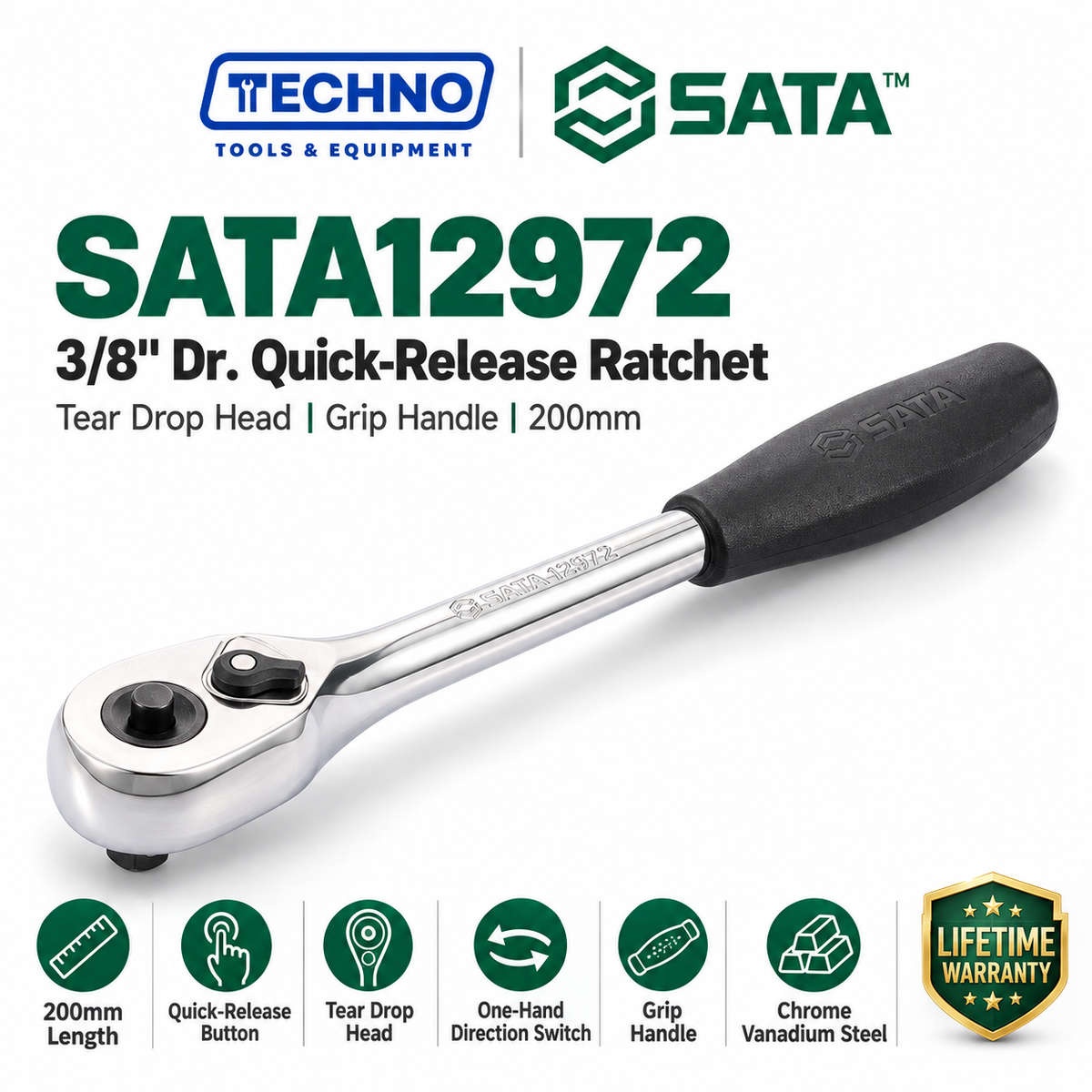 Shop the SATA12972 3/8" drive quick-release ratchet, 200mm. Chrome vanadium steel, tear drop head, black grip, one-hand direction switch. Lifetime warranty.