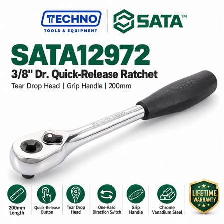 Shop the SATA12972 3/8" drive quick-release ratchet, 200mm. Chrome vanadium steel, tear drop head, black grip, one-hand direction switch. Lifetime warranty.