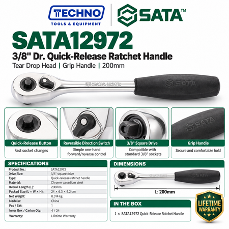 Shop the SATA12972 3/8" drive quick-release ratchet, 200mm. Chrome vanadium steel, tear drop head, black grip, one-hand direction switch. Lifetime warranty.