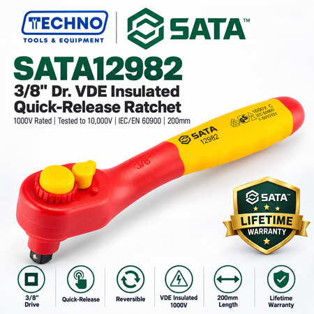 Shop the SATA12982 3/8" drive VDE insulated quick-release ratchet, 200mm. Tested to 10,000V, 1000V rated, IEC/EN 60900. Lifetime warranty.