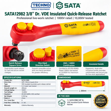Shop the SATA12982 3/8" drive VDE insulated quick-release ratchet, 200mm. Tested to 10,000V, 1000V rated, IEC/EN 60900. Lifetime warranty.