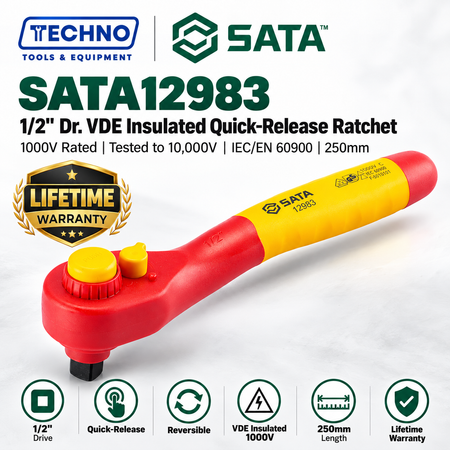 Shop the SATA12983 1/2" drive VDE insulated quick-release ratchet, 250mm. Tested to 10,000V, 1000V rated, IEC/EN 60900. Lifetime warranty.