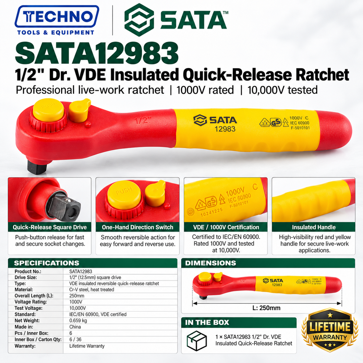 Shop the SATA12983 1/2" drive VDE insulated quick-release ratchet, 250mm. Tested to 10,000V, 1000V rated, IEC/EN 60900. Lifetime warranty.
