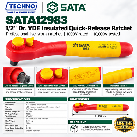 Shop the SATA12983 1/2" drive VDE insulated quick-release ratchet, 250mm. Tested to 10,000V, 1000V rated, IEC/EN 60900. Lifetime warranty.