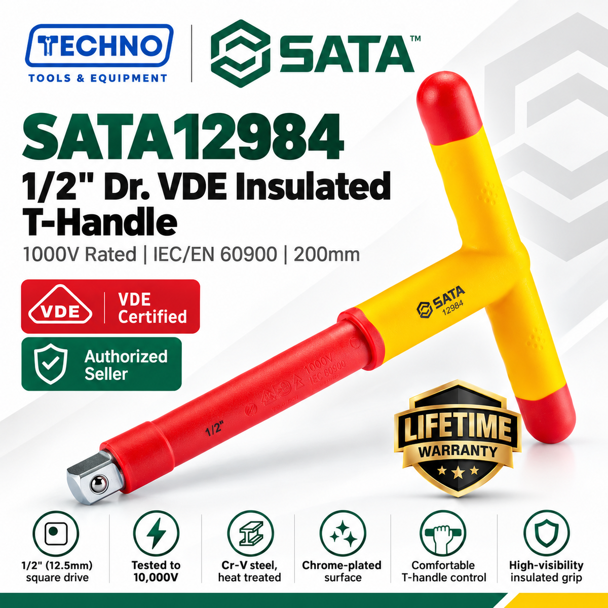 Shop the SATA12984 1/2" drive VDE insulated T-handle, 200mm. Tested to 10,000V, 1000V rated, IEC/EN 60900, Cr-V steel. Lifetime warranty.