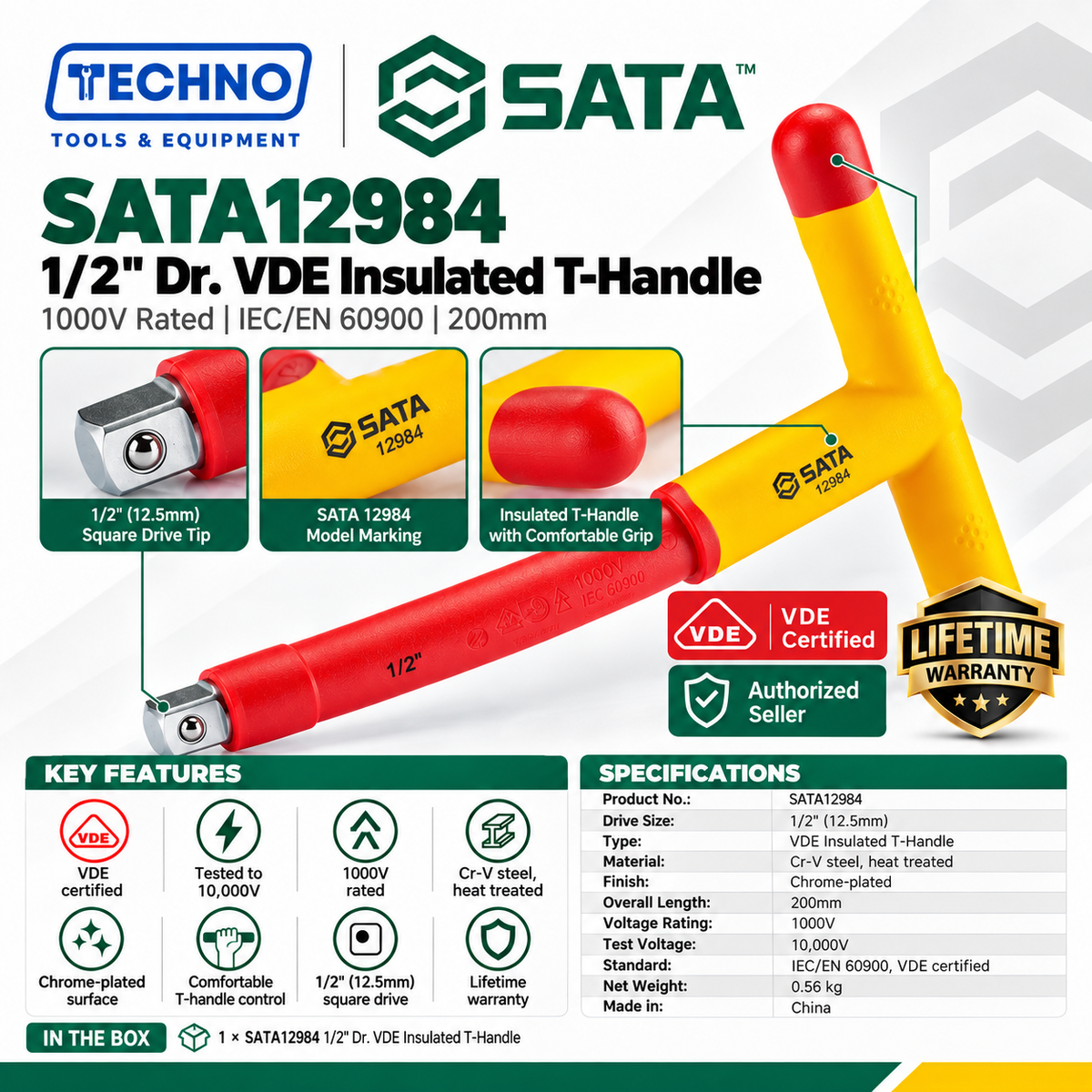 Shop the SATA12984 1/2" drive VDE insulated T-handle, 200mm. Tested to 10,000V, 1000V rated, IEC/EN 60900, Cr-V steel. Lifetime warranty.