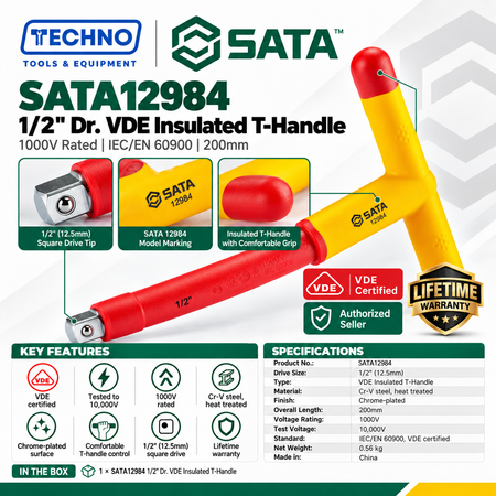 Shop the SATA12984 1/2" drive VDE insulated T-handle, 200mm. Tested to 10,000V, 1000V rated, IEC/EN 60900, Cr-V steel. Lifetime warranty.