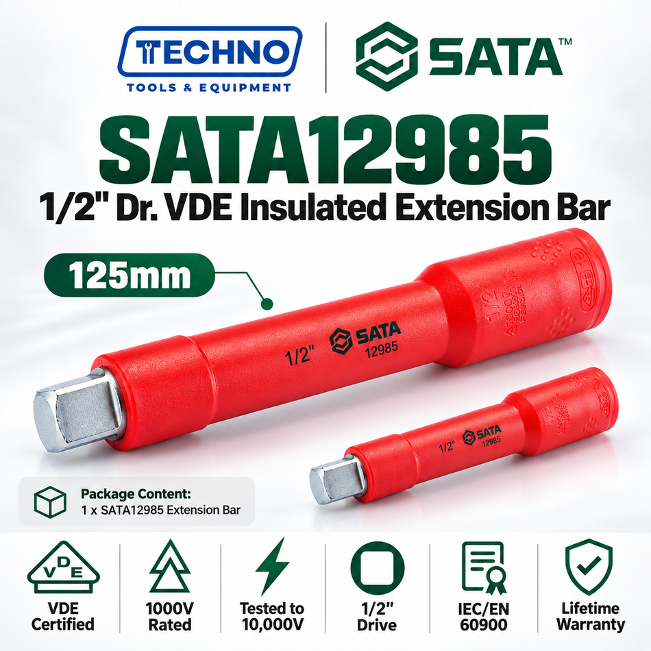 Shop SATA12985 & 12986 1/2" drive VDE insulated extension bars, 125mm or 250mm. Tested to 10,000V, IEC/EN 60900. Lifetime warranty.