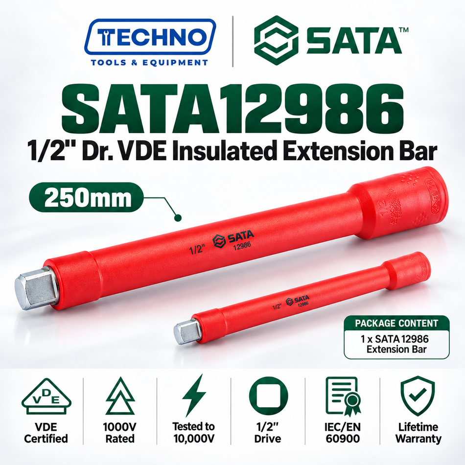 Shop SATA12985 & 12986 1/2" drive VDE insulated extension bars, 125mm or 250mm. Tested to 10,000V, IEC/EN 60900. Lifetime warranty.