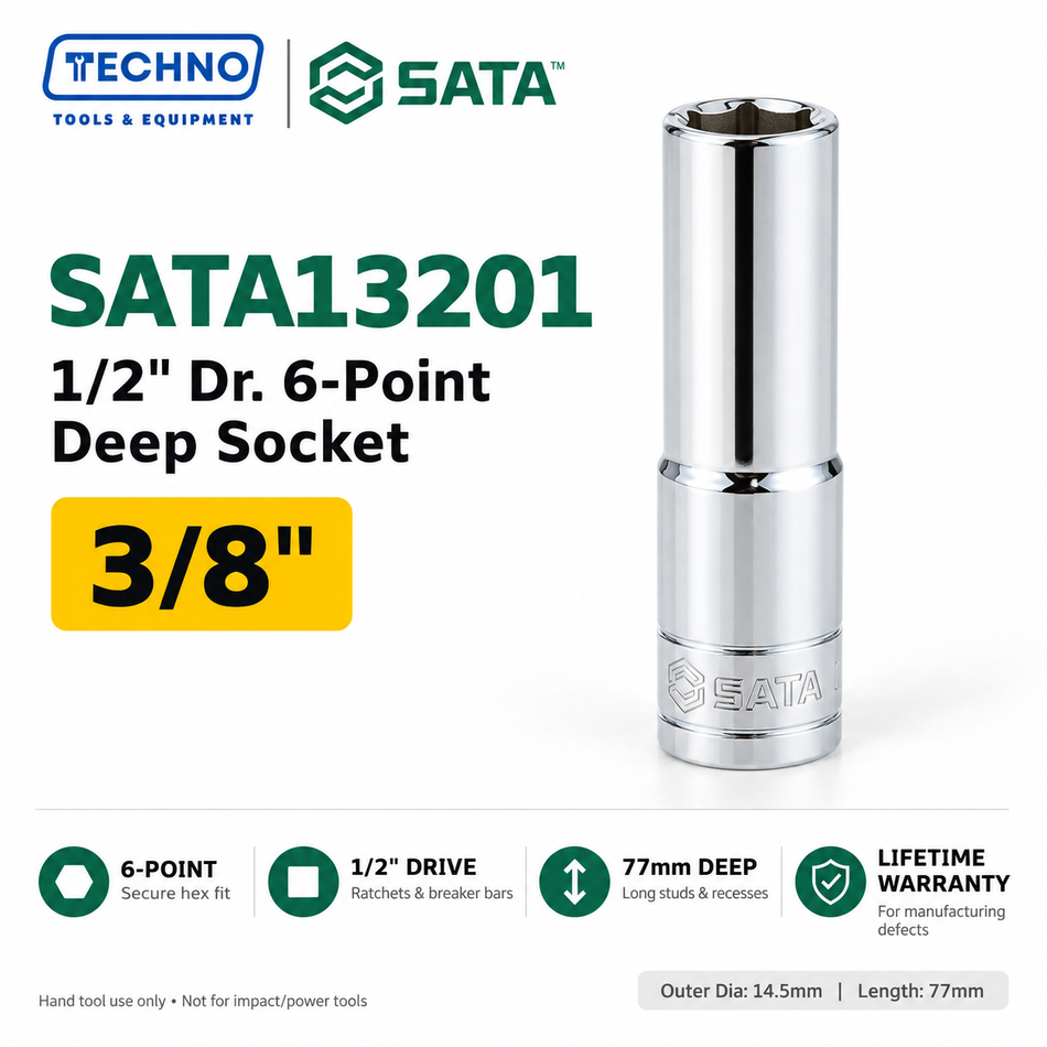 Shop SATA13201-13214 1/2" drive 6-point deep SAE sockets, 77mm long, 3/8" to 1-1/4". Choose your size. Lifetime warranty.