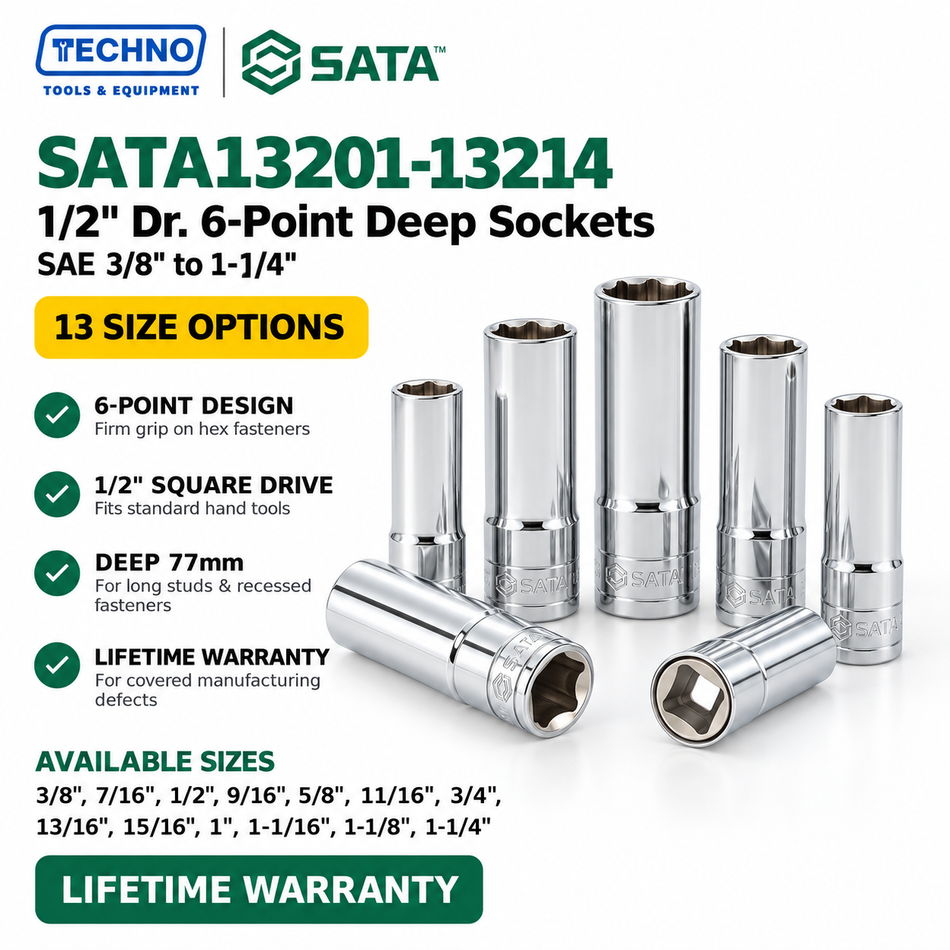 Shop SATA13201-13214 1/2" drive 6-point deep SAE sockets, 77mm long, 3/8" to 1-1/4". Choose your size. Lifetime warranty.