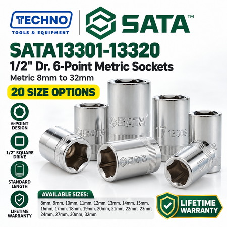 Shop SATA13301-13320 1/2" drive 6-point metric sockets from 8mm to 32mm. Choose your size. Lifetime warranty.