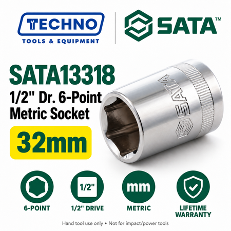 Shop SATA13301-13320 1/2" drive 6-point metric sockets from 8mm to 32mm. Choose your size. Lifetime warranty.