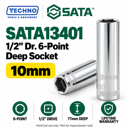 Shop SATA 1/2" Dr. 6-point deep sockets in 17 metric sizes, 10–32mm. 77mm long, 1/2" drive, with lifetime warranty. Series 13401–13417.