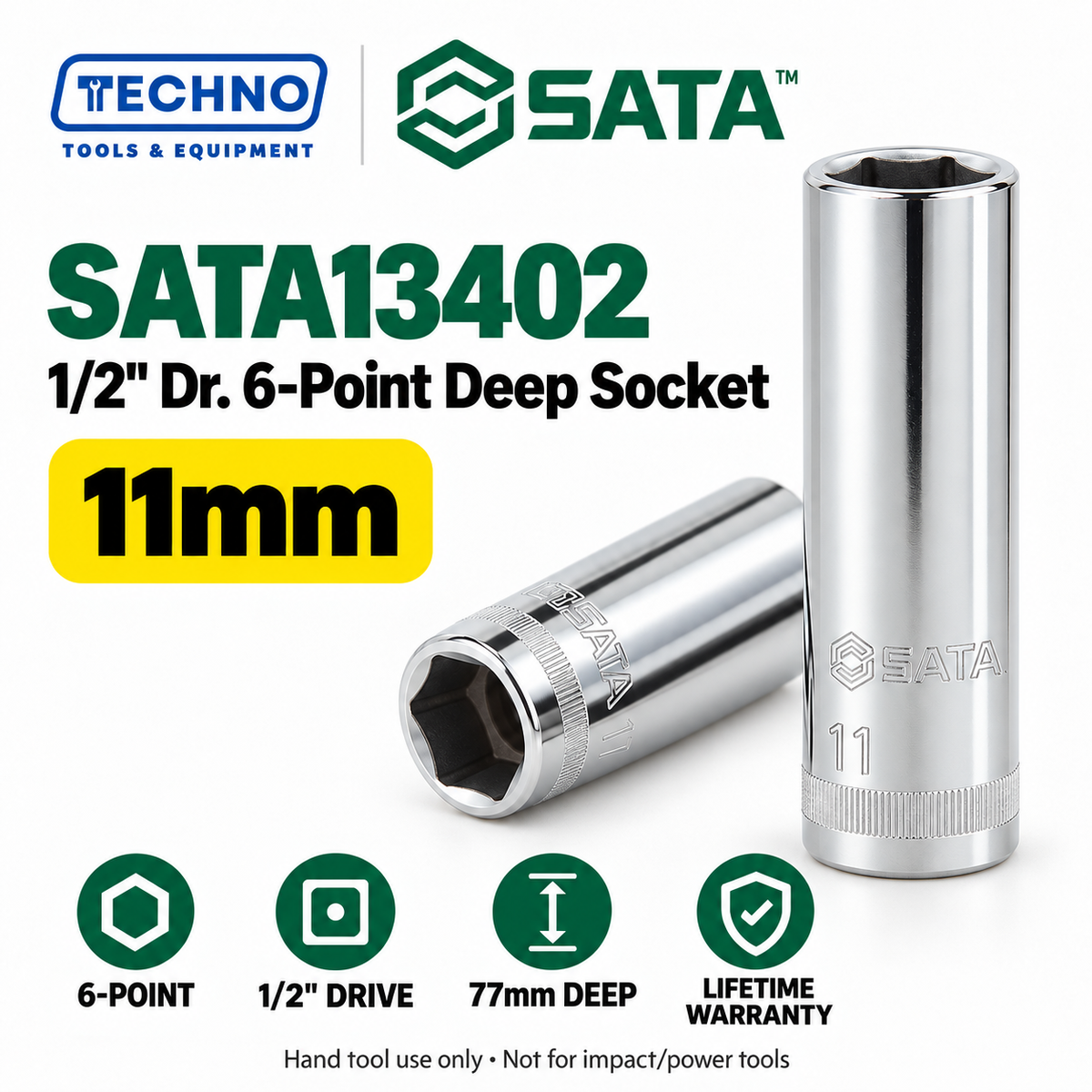 Shop SATA 1/2" Dr. 6-point deep sockets in 17 metric sizes, 10–32mm. 77mm long, 1/2" drive, with lifetime warranty. Series 13401–13417.