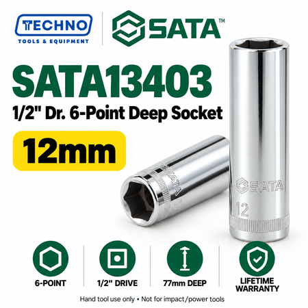 Shop SATA 1/2" Dr. 6-point deep sockets in 17 metric sizes, 10–32mm. 77mm long, 1/2" drive, with lifetime warranty. Series 13401–13417.