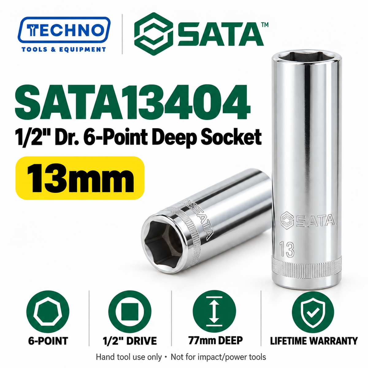 Shop SATA 1/2" Dr. 6-point deep sockets in 17 metric sizes, 10–32mm. 77mm long, 1/2" drive, with lifetime warranty. Series 13401–13417.
