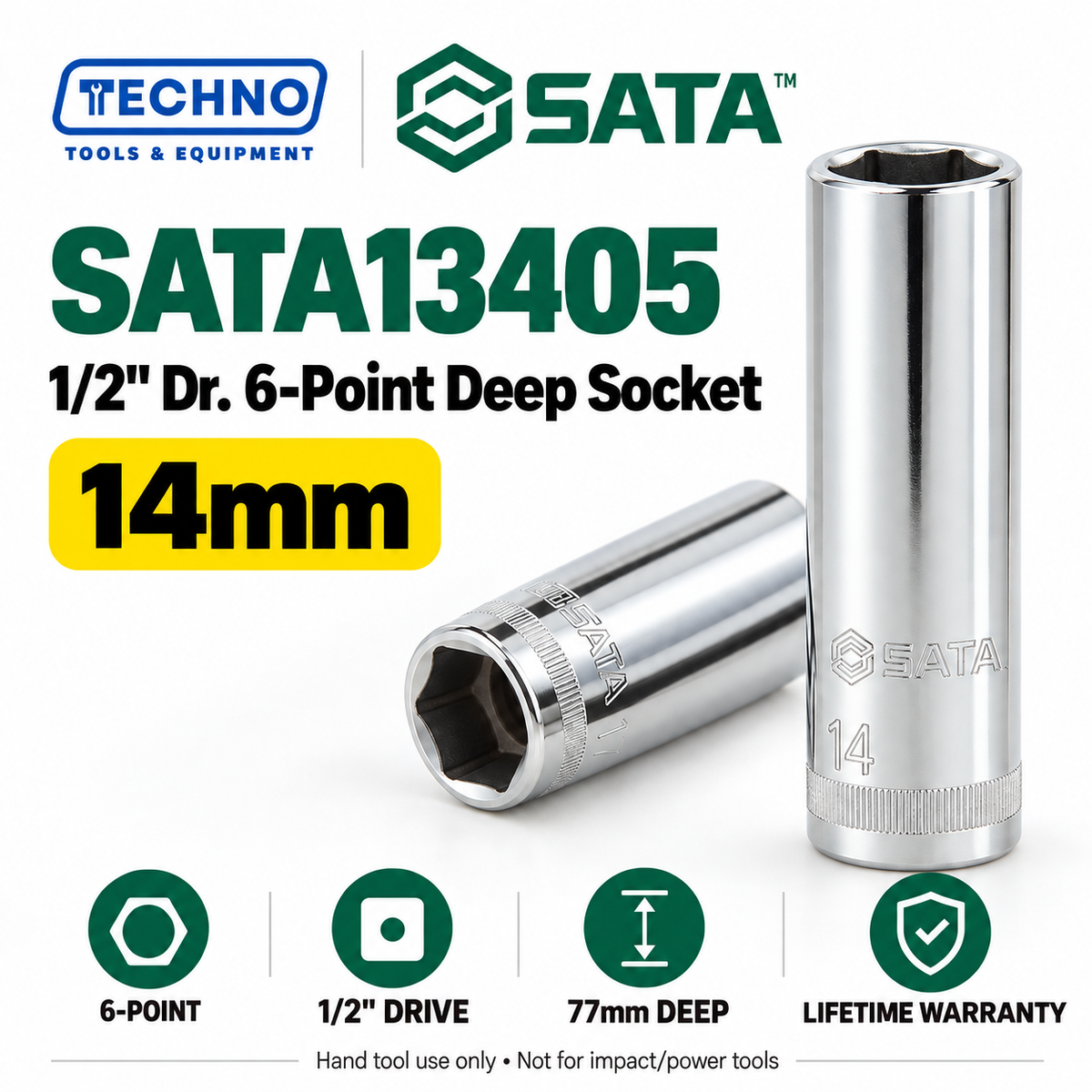 Shop SATA 1/2" Dr. 6-point deep sockets in 17 metric sizes, 10–32mm. 77mm long, 1/2" drive, with lifetime warranty. Series 13401–13417.