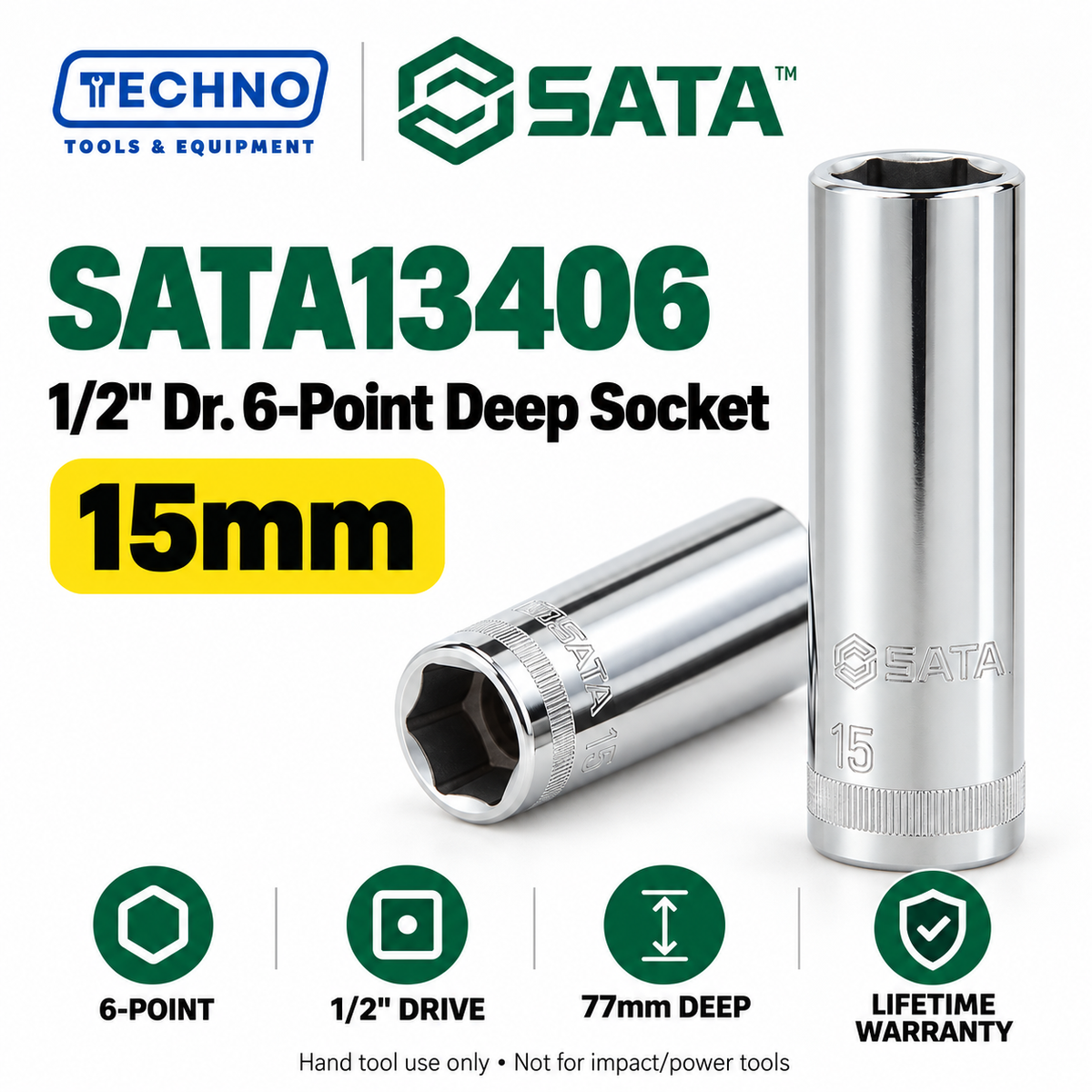 Shop SATA 1/2" Dr. 6-point deep sockets in 17 metric sizes, 10–32mm. 77mm long, 1/2" drive, with lifetime warranty. Series 13401–13417.