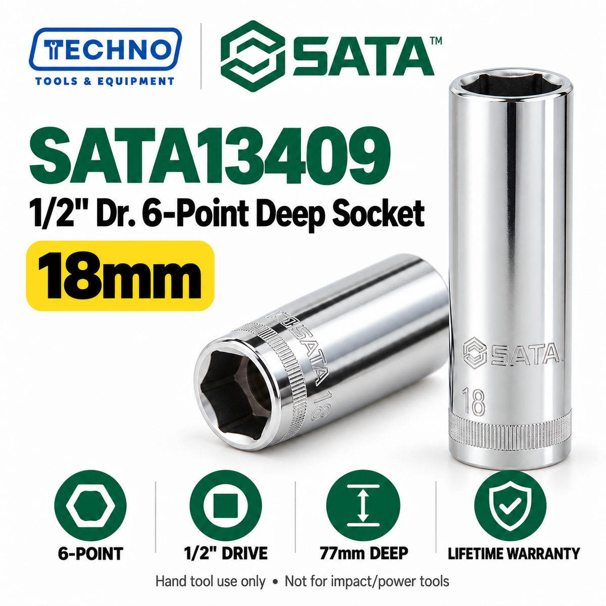 Shop SATA 1/2" Dr. 6-point deep sockets in 17 metric sizes, 10–32mm. 77mm long, 1/2" drive, with lifetime warranty. Series 13401–13417.