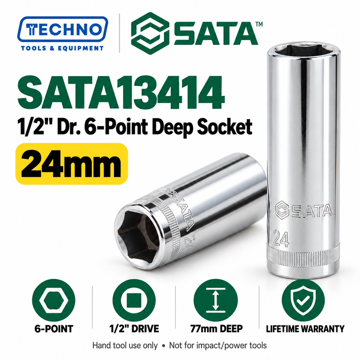 Shop SATA 1/2" Dr. 6-point deep sockets in 17 metric sizes, 10–32mm. 77mm long, 1/2" drive, with lifetime warranty. Series 13401–13417.