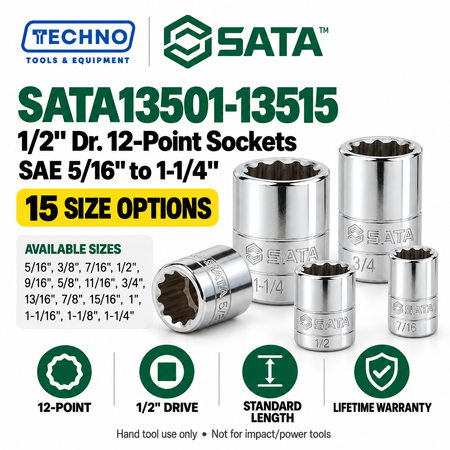 Shop SATA 1/2" Dr. 12-point SAE sockets in 15 sizes, 5/16" to 1-1/4". Standard-length, hand-tool use, with lifetime warranty. Series 13501–13515.