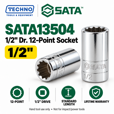 Shop SATA 1/2" Dr. 12-point SAE sockets in 15 sizes, 5/16" to 1-1/4". Standard-length, hand-tool use, with lifetime warranty. Series 13501–13515.