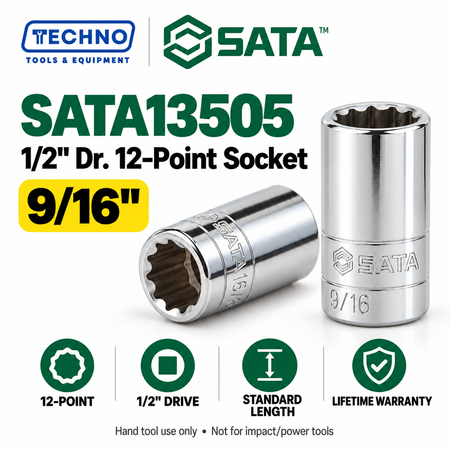 Shop SATA 1/2" Dr. 12-point SAE sockets in 15 sizes, 5/16" to 1-1/4". Standard-length, hand-tool use, with lifetime warranty. Series 13501–13515.