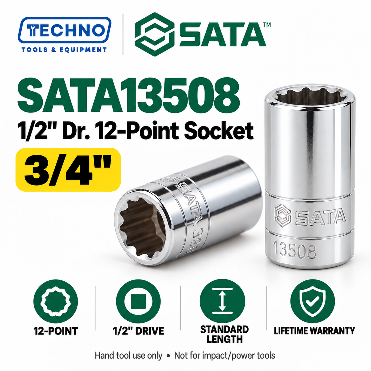 Shop SATA 1/2" Dr. 12-point SAE sockets in 15 sizes, 5/16" to 1-1/4". Standard-length, hand-tool use, with lifetime warranty. Series 13501–13515.