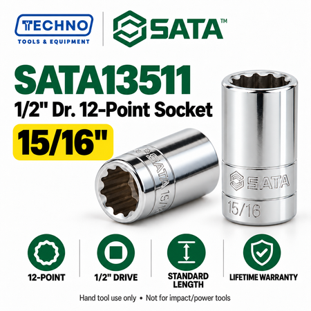 Shop SATA 1/2" Dr. 12-point SAE sockets in 15 sizes, 5/16" to 1-1/4". Standard-length, hand-tool use, with lifetime warranty. Series 13501–13515.