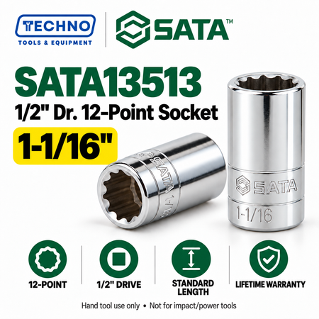 Shop SATA 1/2" Dr. 12-point SAE sockets in 15 sizes, 5/16" to 1-1/4". Standard-length, hand-tool use, with lifetime warranty. Series 13501–13515.