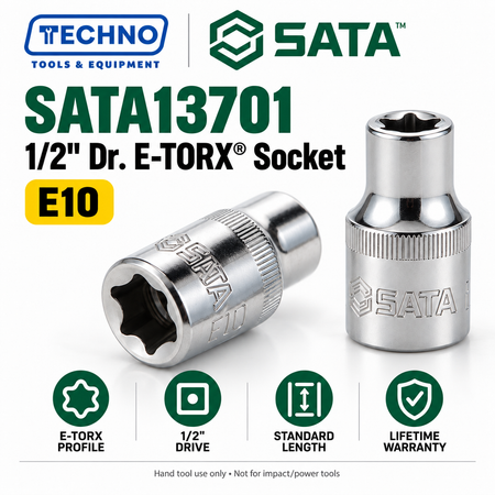 Shop SATA 1/2" Dr. E-TORX® sockets in 8 sizes, E10 to E24. 38–40mm length, 1/2" drive, hand-tool use, with lifetime warranty. Series 13701–13708.