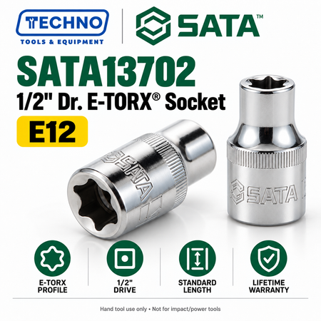 Shop SATA 1/2" Dr. E-TORX® sockets in 8 sizes, E10 to E24. 38–40mm length, 1/2" drive, hand-tool use, with lifetime warranty. Series 13701–13708.