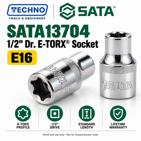 Shop SATA 1/2" Dr. E-TORX® sockets in 8 sizes, E10 to E24. 38–40mm length, 1/2" drive, hand-tool use, with lifetime warranty. Series 13701–13708.